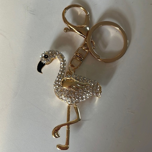 Fashion  Bag Charm & keychain  flamingo, like bird  clear rhinestones/ gold tone - Picture 6 of 6